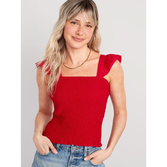 NWT Old Navy Womens M Red Smocked Sleeveless Ruffle Top Romantic Coquette - Picture 1 of 7